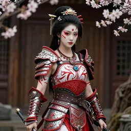 geisha warrior ornated viking armor war paint, detailed, woods background, jewelry, sakura,photograph, award wining, red and white, trending on artstation, punk attitude, 4k, unreal engine 5, octane render, neon highlights