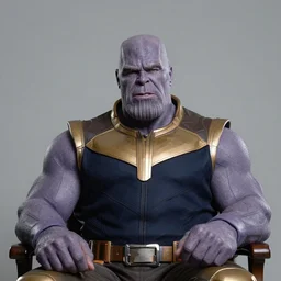 dlsr photo of thanos face as a white man with beard stubble taken in studio lighting sitting on chair