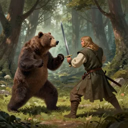 medieval fight between a bear an a gipsy man with a sword. in the sherwood forest. trending on artstation, craig mullins, rutkowski.