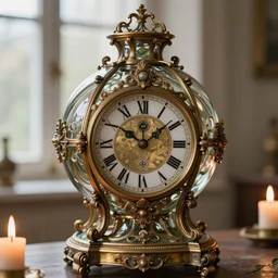 Ornate glass sphere shaped victorian wizard's clock, intrincate details, frontal view, natural light, candle light. by Johan Georg Hainz , very realistic, ultrafine details, fantasy artwork, extreme high detail.
