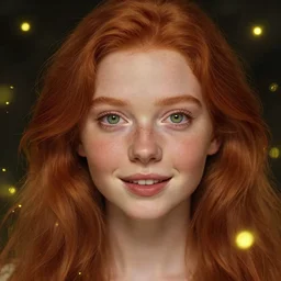 highly detailed portrait of a red haired girl, long hair, green eyes, hint of freckles, beautiful round face, soft amazed smiles, among golden fireflies, deep focus, elegant, digital painting, smooth, sharp focus, golden ratio, illustration, ultra realistic, 8 k, art by artgerm and caravaggio