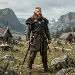 A viking warrior standing proudly in his village, concept art
