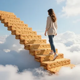 woman walking up stairs that are made of cookies rising over clouds