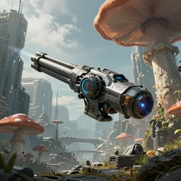 futuristic city mushrooms, cgi cutscene, prominent keel - mounted railgun, sci - fi, space, mass effect, spaceship, atmospheric lighting, trending on artstation, digital art, game art, game design, realistic, unreal engine 5, octane render