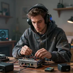 an intricate concept art portrait of a man with a hoodie with headset repairing a machine on his bedroom, fuzichoco color palette, global illumination, style ivan talavera and artgerm, hyper realistic, photorealistic, octane render, artstation, cgsociety, cinematic light, 8 k