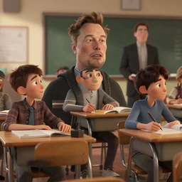 Walter White and Elon Musk as kids sit in the classroom, animation, cinematic, 4k, detalied,