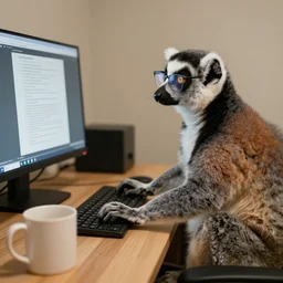 a lemur with glasses working on a pc, a mug on the desktop