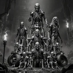 b & w inks of 1 1 horrifying chromed machines in tiers, some with tires, geof darrow, stefano tamburini, torch light, muted colors, epic, hyper detailed, awe inspiring, award winning horror, hyper realism, cinematic