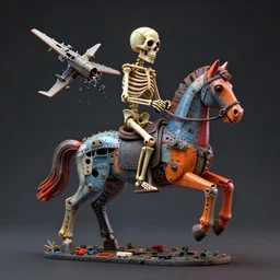 a scrappy scuplture of a skeleton riding a horse made from parts of plastic toys and riveted together, toy plane crashing, plastic, blue, orange, red, hyperdetailed, ultra realistic, octane render, 8 k, cinematic, atmospheric lighting, dark volumetric lighting