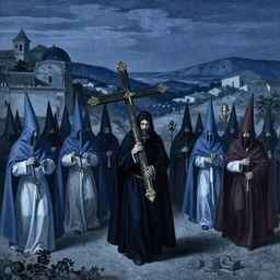 A Holy Week procession of souls in a Spanish landscape at night. A figure at the front holds a cross. El Greco, John Atkinson Grimshaw. Blue tint.