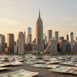 new york city skyline made from torn monopoly money, octane render, 3 d, highly detailed, golden hour,