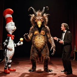 the strange creature at the magic show, film still from the movie directed by denis villeneuve and david cronenberg with art direction by salvador dali and dr. seuss