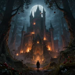created by jan urschel and sylvain sarrailh, in the misty moonlight night, in the mysterious fantasy forest canyon, a huge medieval fairy castle with bright fire, realistic matte painting, cherry, concept art, western magic forest, trending on artstation