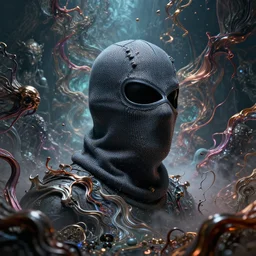 balaclava, symbolism, chaos, consciousness, illusion, beautiful, random metallic colors, organism, divine, static, fluid, breathe, mythological, legends, dreams, nightmare, pantheon, void, abyss, cinematic lighting, 8 k, high resolution, photorealism, wide angle, cinematic atmosphere, elaborate, highly detailed, dramatic lighting, octane render