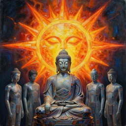 a painting of a blazing geometric sun above a techno buddha, detailed, 4 k, by stanley donwood philippe druillet and victo ngai,