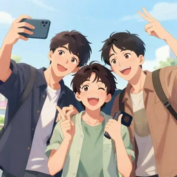 an anime illustration of three happy celebrating young men posing for a selfie, by jamie hewlett and timothy kong, trending on behance