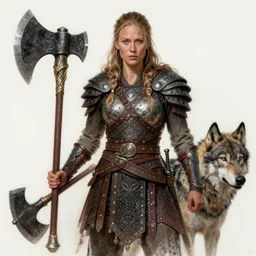 gorgeous!! hyper - realistic woman resembling alicia vikander as a battle - worn viking warrior wielding a giant axe, accompanied by a dire wolf | intricate, highly detailed, digital painting, character design, character concept art | drawn by wlop, drawn by jeehyung lee, drawn by artgerm, drawn by peter kemp