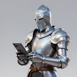 A knight in shiny armor scrolling on his iPhone