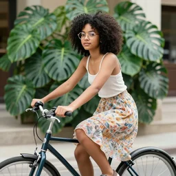 girl with type 3 curly black hair, round glasses with golden frame, wearing flowy floral skirt, riding a bicycle to the town, monstera plants in background