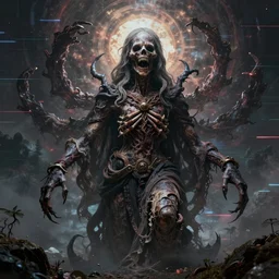 the transcendent being embodying the fundamental fear, photorealistic, detailed, divinity, awful, cosmic horror, religious art, glitched digital image