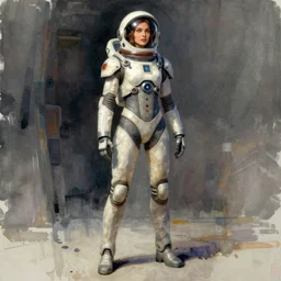 woman, full body, wide shot, modern space suit, intriguing helmet, stylized character design, the expanse tv series, large shoulders, short torso, long thin legs, tiny feet, science fiction, hyperdetailed, technical suit, dieselpunk, watercolor digital painting, in the style of bruce timm, by alex maleev