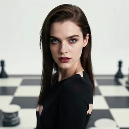 realistic detailed closeup portrait movie shot of an beautiful elegant zombie standing on a giant checkerboard by jean deville, amano, yves tanguy, denis villeneuve, ernst haeckel, alphonse mucha, max ernst, caravaggio, roger dean, masterpiece, rich moody colours, blue eyes