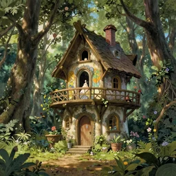 an elvish Fairy house in the Woods, fantasy, art nouveau, daylight, warm light, spring, studio ghibli, Moebius, alphonse mucha, siya oum, ultra detailed, High definition, Sharp, artstation