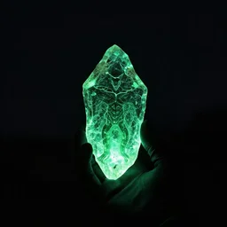 a glowing shard of kryptonite held in an open black - gloved hand, night photography, pitch black, lit only by the green glow of the kryptonite