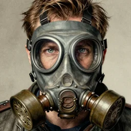 tom mcdonald with a gas mask character portrait, lean face, cinematic lighting, glowing grey eyes, hyper - detailed, 4 k, high resolution, in the style of charlie bowater, tom bagshaw, single face, symmetrical, headshot photograph, insanely detailed and intricate, beautiful, elegant, watercolor, cinematic, portrait, raphaelite, headroom, pierre - auguste renoir