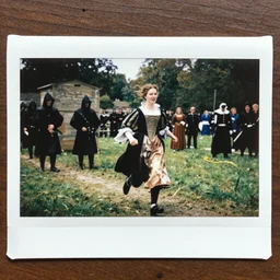 “A young woman wearing Tudor clothes running away from an executioner, polaroid photo”