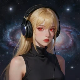 girl with blonde hair and red eyes wearing headphones, sleeveless turtleneck, with galaxy background. digital painting, by valerian city of a thousand planets, by ruan jin #, by mandy jurgens #, by artgerm #, william - adolphe bouguerea #