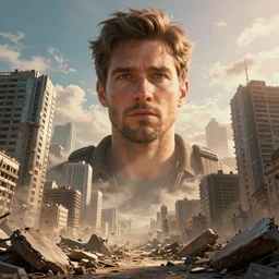 highly detailed shot of a male explorers face in front of a rubble city, rule of thirds, perfect composition, cinematic view, epic sky, detailed, concept art, low angle, high detail, warm lighting, volumetric, godrays, vivid, beautiful, by jordan grimmer, huge scene, art greg rutkowski, award winning photography
