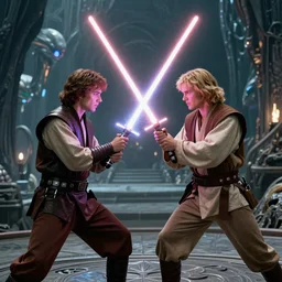 Alex Guinness as obi wan kenobi fights Ewan McGregor as obi wan kenobi in a lightsaber-duel, alien landscape in the background