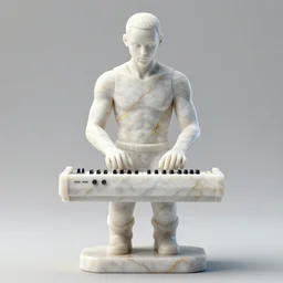 a statue made of white marble with gold veins, of steph curry playing a modular synthesizer, transhumanism, full body shot, perfect symmetrical body, perfect symmetrical face, hyper realistic, hyper detailed, by johannen voss, by peter kemp, by monia merlo, by michelangelo, octane render, blender, 8 k