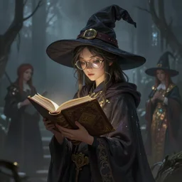 lore keeper girl in glasses, bespectacled, wearing a wizard hat, oversized witch hat, holding a big book, grimoire, folio, fantasy, cinematic, stunning, highly detailed, digital painting, artstation, soft focus, ominous lighting, full body shot, illustration, art by artgerm and greg rutkowski and alphonse mucha