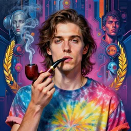 portrait of a brunette in tie - dye, smoking a vintage tobacco pipe | highly detailed | very intricate | symmetrical | professional model | cinematic lighting | award - winning | painted by mandy jurgens and jesper elsing and rhads and tyler edlin | pan futurism, dystopian, bold colors, cyberpunk, anime aesthestic | featured on artstation