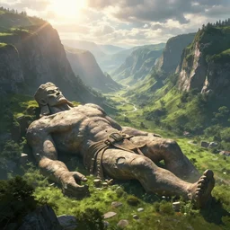 The ancient unbelievably huge body of a fallen stone titan lying prone within a lush valley, Greg Rutkowski WLOP, dramatic lighting, view for miles, lens flare, perspective, landscape, beautiful lighting, airborne airborne airborne