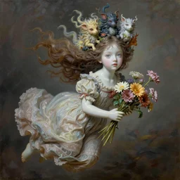 a young girl portrait with porcelain face, big eyes, dressed in a vintage long dress flying in the wind, blooming mystic creatures in her head, holding flowers in her hands, conceptual art, oil fantasy painting, hyperdetailed, dramatic light, 8 k