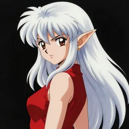 elf woman with big whitened hair, big pointy ears, wearing a red sleeveless dress, art by akira toriyama, digital painting, smooth, sharp focus, realistic