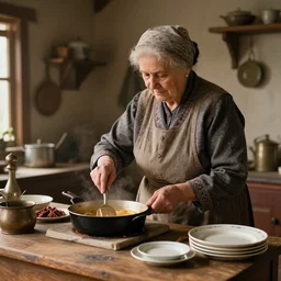 old eastern lady cooking in 1 9 0 0's old wooden kitcher, pan and plates, hyperdetailed, artstation, cgsociety, 8 k