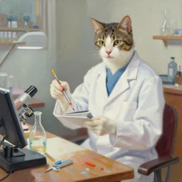 a painting a mad scientist cats