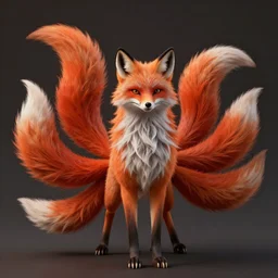 prompt A beautiful red orange kumiho, nine fox tails spread and twisted, hyperrealistic detailed rendering, 8k, trending on artstation, Peter Mohrbacher