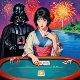 hyperrealism composition of the detailed single woman in a japanese kimono sitting at a extremely detailed poker table with darth vader, fireworks, river on the background, pop - art style, jacky tsai style, andy warhol style, acrylic on canvas
