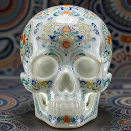 Sugar skull, A Close up photo-real delicate ceramic porcelain sculpture of a symmetrical ornate detailed in front of an intricate background by Victo Ngai and takato yamamoto, micro detail, backlit lighting, face in focus, subsurface scattering, translucent, thin porcelain, octane renderer, colorful, physically based rendering, japanese pottery, trending on cgsociety