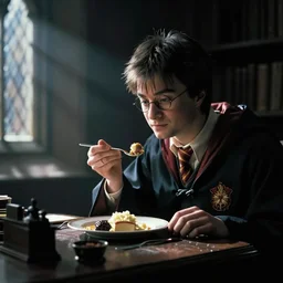 Harry potter film, a scene where Harry is eating only alone in his room Dark cinematic color tones.