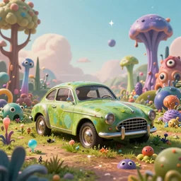 A fancy alien car abandoned on a magical biome of full of oddities, slimy plants and trees, goofy, sparky, positive vibes, behance, artstation, unreal render, unreal engine 5, octane, smooth, 8k