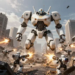 squad of giant white robots shoots from big guns on battlefield in destroyed city, render, ray tracing, jakub rozalski art style, dramatic, detailed, artstation,