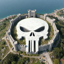 aerial view of a punisher fortress from above on a hill by the ocean. castle shaped shaped exactly like the punisher symbol detailed