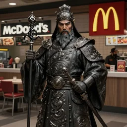 picture of genghis kahn, restaurant manager at mcdonalds, dark fantasy, intricate, elegant, highly detailed, digital painting, artstation, concept art, smooth, sharp focus, illustration, art by artgerm and greg rutkowski and alphonse mucha