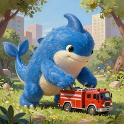 adorable anthropomorphic gigantic cerulean furry leviathan monster, playing with a small firetruck, in a park surrounded by a city, rpg reference, oil painting, trending on artstation, octane render, insanely detailed, 8 k, hd